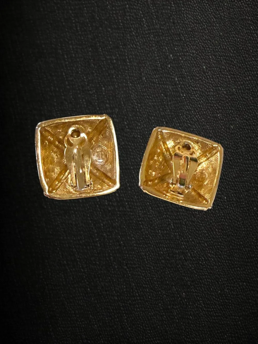 Vintage Givenchy Gold Tone Square Clip Earrings Textured Cross 80s Designer Bold